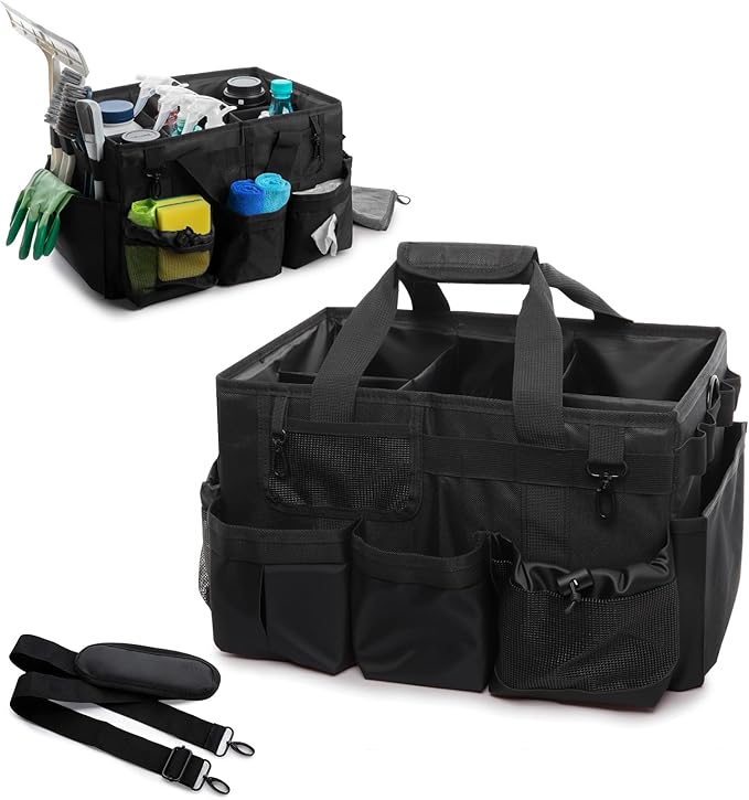 Large Cleaning Caddy Tote Bag with 4 Foldable Dividers Sturdy Support Board, Waterproof Cleaning Tools Organizer with Adjustable Shoulder Strap Waist Belt for Housekeepers, Cleaners Professional Use