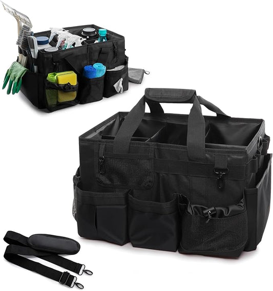 Large Cleaning Caddy Tote Bag with 4 Foldable Dividers Sturdy Support Board, Waterproof Cleaning Tools Organizer with Adjustable Shoulder Strap Waist Belt for Housekeepers, Cleaners Professional Use