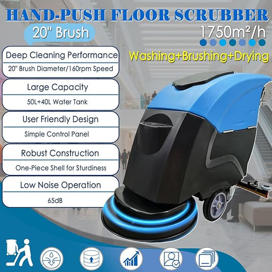 Commercial Floor Scrubber Washer Dryer 20'' Hand Push Auto Floor Cleaner 13Gal Clean & 10.5Gal Dirty Water Tank, 65dB Low Noise for Mall/Hotel/Airport/Factory/Office, Wire-Type 110V