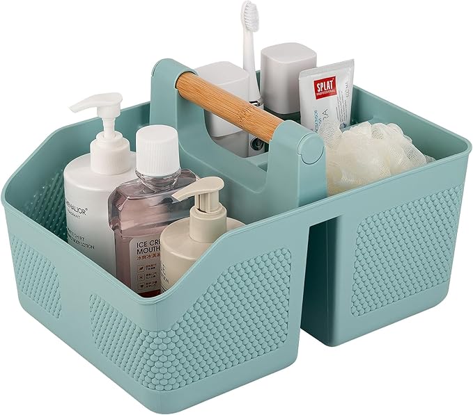 rejomiik Shower Caddy Portable with Bamboo Handle, Plastic Basket Cleaning Caddy Organizer Storage Tote for Bathroom, College, Dorm Room Essentials, Blue