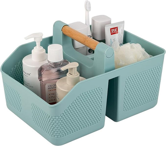 rejomiik Shower Caddy Portable with Bamboo Handle, Plastic Basket Cleaning Caddy Organizer Storage Tote for Bathroom, College, Dorm Room Essentials, Blue