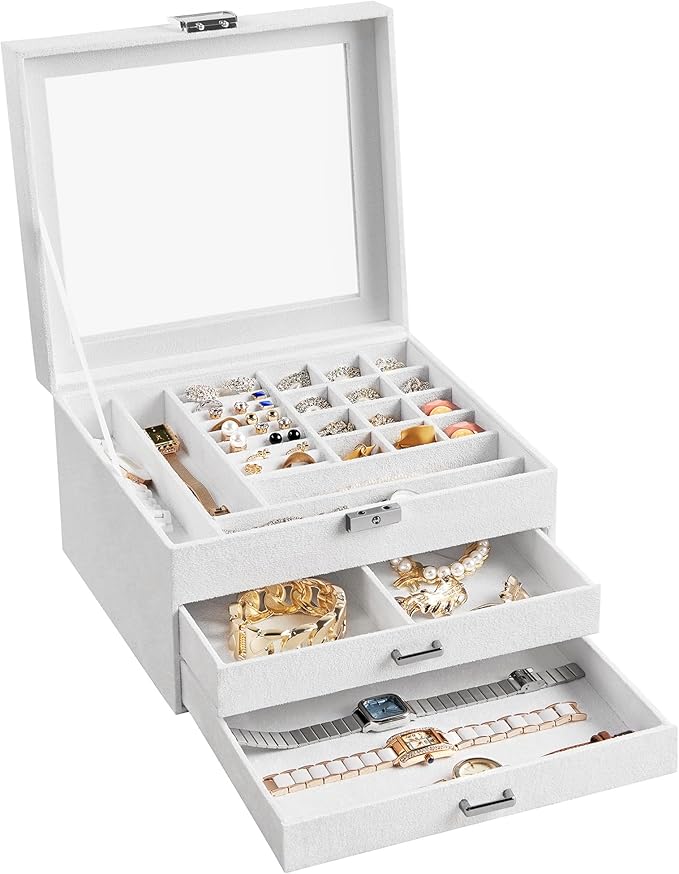 SONGMICS Jewelry Box, Lockable Jewelry Storage Organizer, Jewelry Case with Glass Window, for Rings, Earrings, Studs, Bracelets, Necklaces, White UJBC158W01