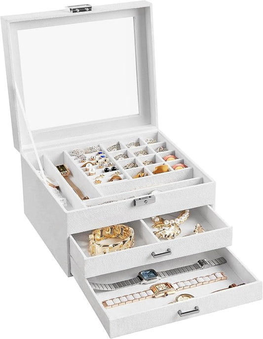 SONGMICS Jewelry Box, Lockable Jewelry Storage Organizer, Jewelry Case with Glass Window, for Rings, Earrings, Studs, Bracelets, Necklaces, White UJBC158W01