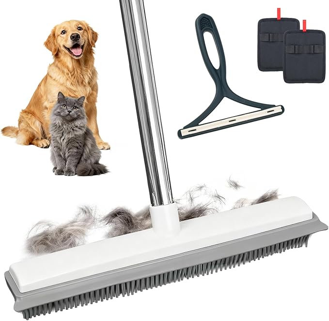 3-in-1 Pet Hair Removal Broom & Upgraded Electrostatic Glove Set, 51-in Adjustable Rubber Broom for Carpet, Hardwood Floor, Tile, with 2 Reusable Magic Fur Remover Gloves