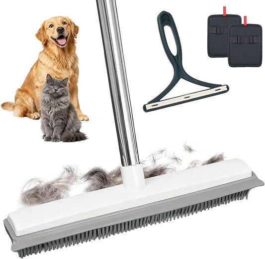 3-in-1 Pet Hair Removal Broom & Upgraded Electrostatic Glove Set, 51-in Adjustable Rubber Broom for Carpet, Hardwood Floor, Tile, with 2 Reusable Magic Fur Remover Gloves