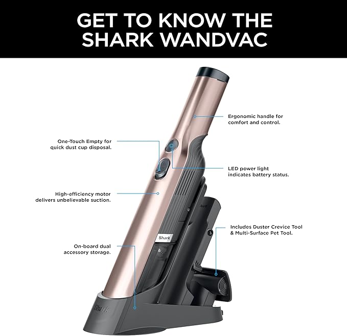 Shark WANDVAC Cordless Hand Vac, Lightweight, Portable at 1.4 lbs., Powerful Suction, Charging Dock, One-Touch Empty for Car & Home, Multi-Surface Pet Tool & Duster Crevice Tool, Rose Gold, WV201RGBRN