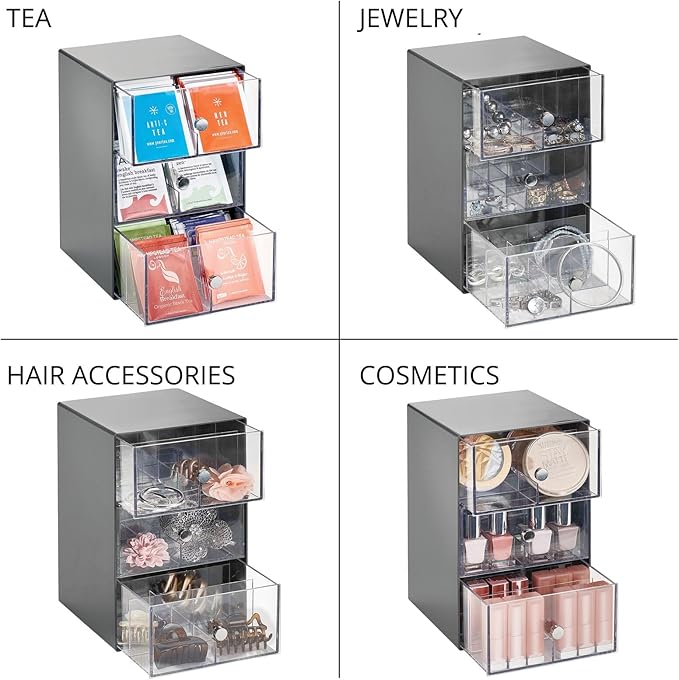 mDesign Plastic Wide Kitchen Pantry, Cabinet, Countertop Organizer Storage Station, 3 Drawers for Coffee, Tea, Sugar Packets, Sweeteners, Creamers, Drink Pods, Packets; 18 Sections, Dark Gray/Clear