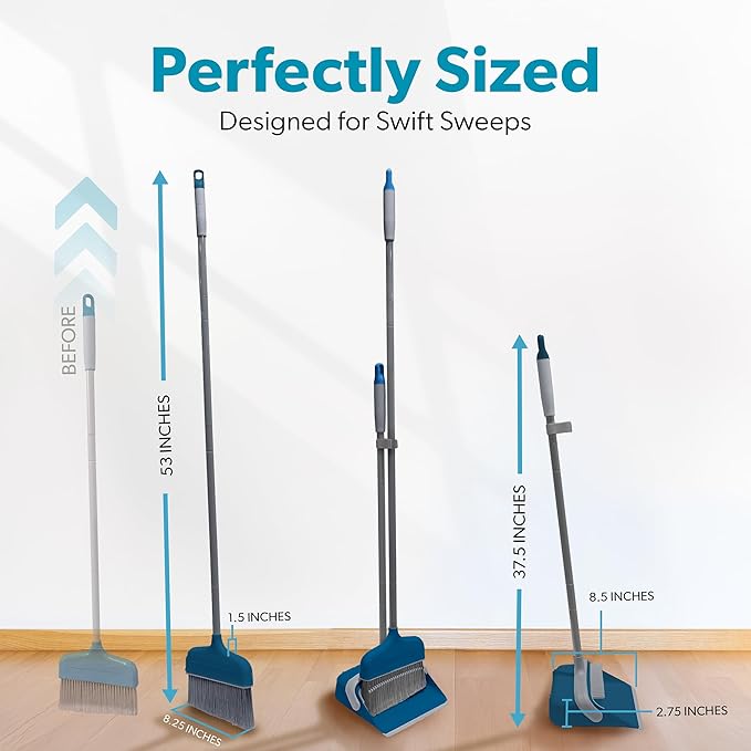 BLACK+DECKER Butler Broom & Dustpan Set - Stand-Up Design - Lightweight, Space-Saving Combo for Kitchen, Living Room, Bathroom, Lobby Floors - Home Cleaning Essential, Ocean Blue