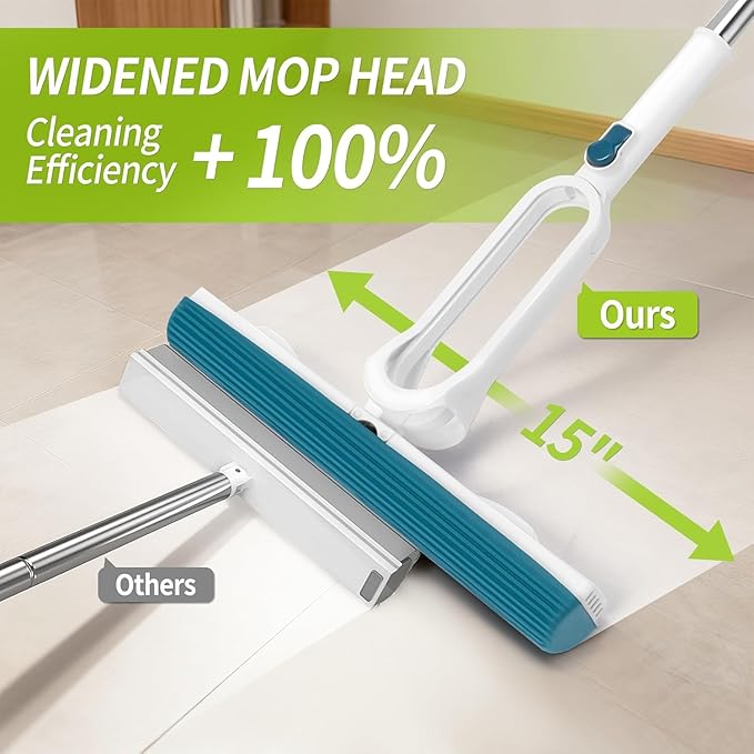 Sponge Mop for Floor Cleaning with 53" Long Handle, Total 2 Sponge Heads (NOT 3), Easily Dry Wringing for Hardwood Tile Concrete Bathroom Kitchen