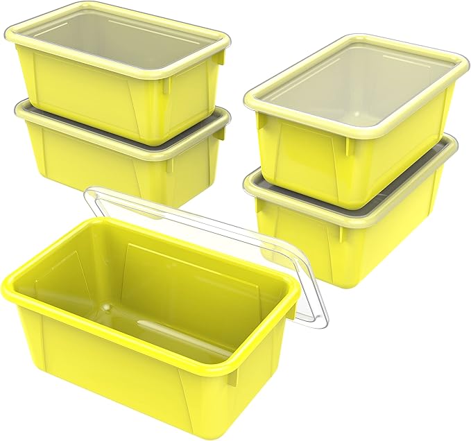 Storex Small Cubby Bins – Plastic Storage Containers for Classroom with Non-Snap Lid, 12.2 x 7.8 x 5.1 inches, Yellow, (62410U05C) (Pack of 5)