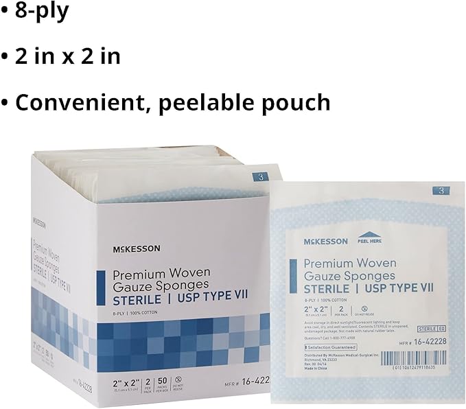 McKesson Premium Woven Gauze Sponges, Sterile, 8-Ply, USP Type VII, 100% Cotton, 2 in x 2 in, 2 per Pack, 50 Packs, 100 Total