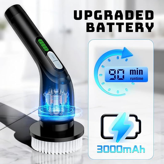 Electric Spin Scrubber, Powerful 2-Speed Cleaning Brush, IPX7 Waterproof with 7 Reusable Brush Heads & Extendable Handle, for Bathroom Toilet Shower Kitchen Wall Tile Floor Grout (Black)
