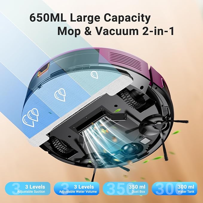 Robot Vacuum and Mop Combo 5000Pa 650mL 2 in 1 Mopping Robot Vacuum Cleaner Schedule WiFi/Alexa/App Smart Self-Charging Robotic Vacuum Ultra-Slim