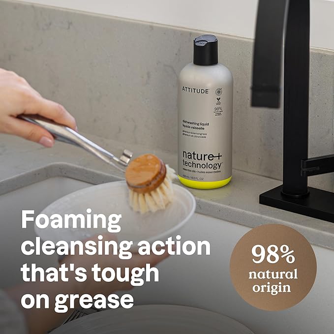 ATTITUDE Dish Soap, Infused with Essential Oils, Plant-Based Ingredients, EWG Verified, Great for Clean and Sparkling Dishes, Vegan Dishwashing Liquid, Geranium & Lemongrass, 488 mL