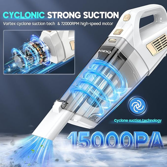 Handheld Vacuum Cordless, 15000PA Strong Suction Hand Held Car Vacuum Cleaner Portable with Multi-Nozzles & Washable Filter, Lightweight Dust Busters Rechargeable for Home, Car, Office, Pets