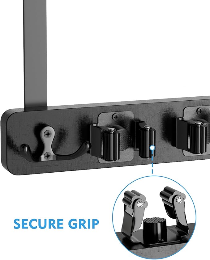 Over the Door Broom Holder, Mop and Broom Holder Door Mount, Hanging Organizer with 4 Racks & 2 Hooks, Wooden Hanger Storage Decor, Laundry Tool Organizer for Closet Garage, No Drills