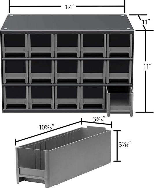 Akro-Mils Steel Garage Storage Cabinet, Small Parts Organizer Metal Cabinet for Hardware, Nails, Screws, Bolts, Nuts, and More, 17" W x 11" D x 11" H, 15-Drawer, Gray Cabinet/Blue Drawers (19715)