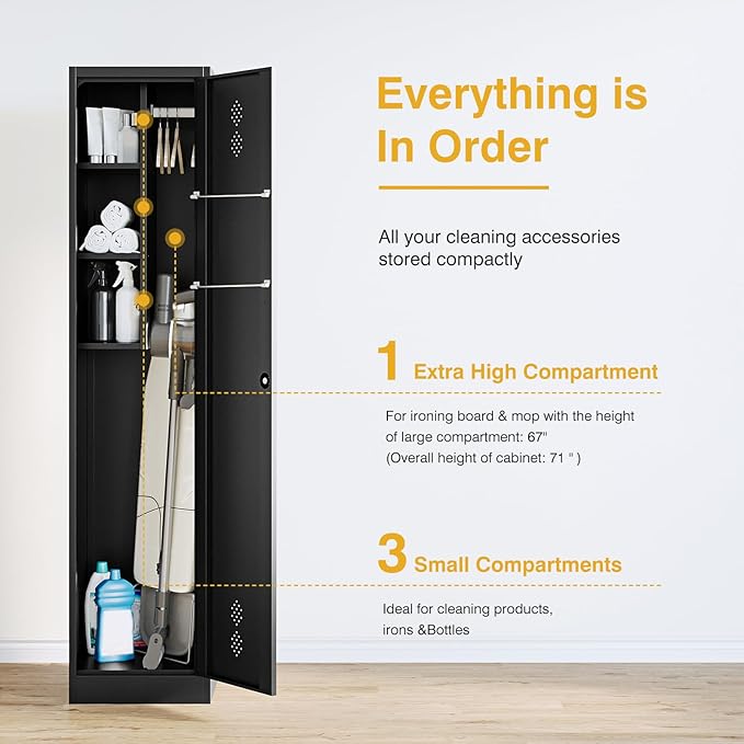 STANI 71" H Broom Closet Storage Cabinet Metal Cleaning Tool Cabinet Utility Closet Cleaning Supplies with Locking Door Broom Rack Shelf for Broom mops Garage Storage Black