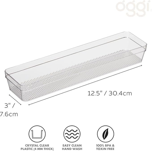 Oggi Clear Drawer Organizer - 3" X 12.5" - Ideal for Organizing Kitchen Drawers, Office, Desk, Silverware, Kitchen Utensils, Cosmetics and Bathrooms