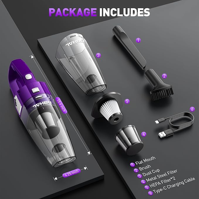 Handheld Vacuum Cordless, 15000PA Powerful Suction Car Vacuum Cleaner Lightweight with Multi Accessories, Hand held Vacuum Cleaner Dust Busters Cordless Rechargeable for Car Home