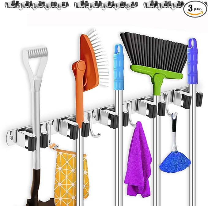 3 Pack Broom Holder Wall Mount 5 Racks 4 Hooks Stainless Steel Broom Mop Holder Anti Slip Storage Rack Strong Load Bearing Waterproof Broom and Mop Organizer Wall Hanging for Bathroom Kitchen Garage