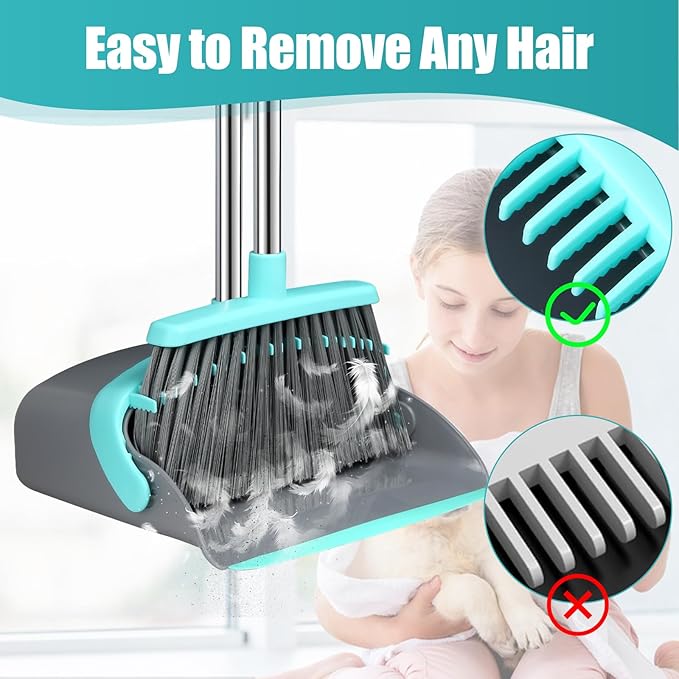 Upgrade Broom and Dustpan Set, Silicone Broom,Long Handle Broom with Upright Standing Dustpan, Squeegee - Broom for Indoor Cleaning 2+1,for Indoor Outdoor,Smooth Floors, Rugs (Green-Grey)