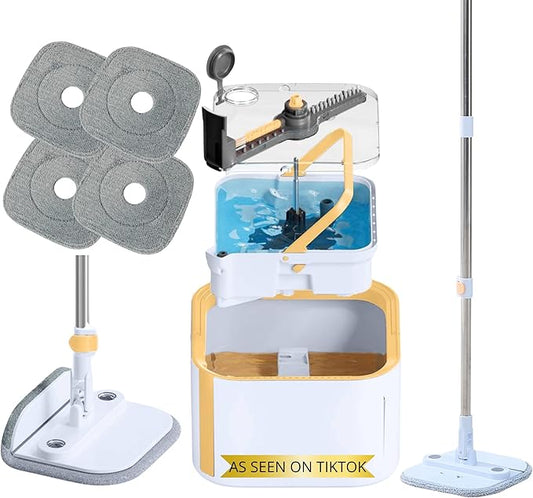 Mop and Bucket System PRO with Removable Water Tank Duo Bucket & Spin Mop System, Self Wringing, Separates Clean from Dirty Water, Folding Mop Head, Dual Brush System, 4-pc Machine Washable Mop Pads