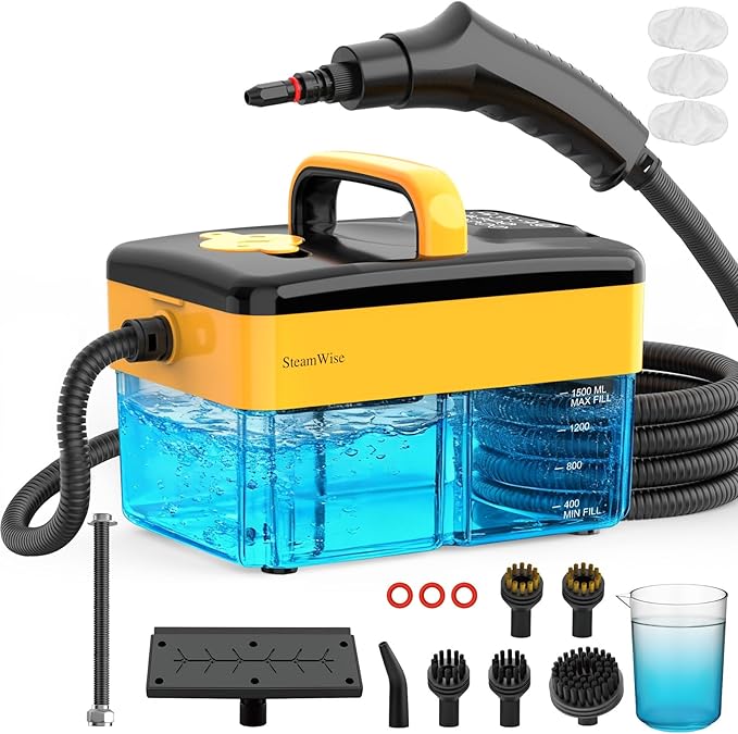 10S Fast Heating Heavy Duty Steam Cleaner 7 Adjustable Levels, 1.6 Quarts Tank, Continuous Spray, Natural Deep Cleaner, Portable Handheld Steamer with 15 Accessories for Home, Car, Tile (Yellow)