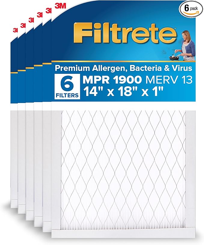 Filtrete 14x18x1 AC Furnace Air Filter, MERV 13, MPR 1900, Premium Allergen, Bacteria & Virus Filter, 3-Month Pleated Electrostatic Air Cleaning Filter, 6-Pack (Actual Size 13.81x17.81x0.81 in)