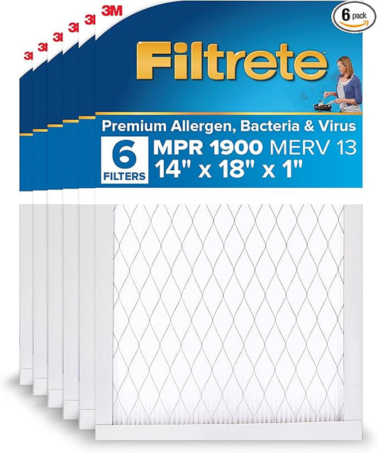 Filtrete 14x18x1 AC Furnace Air Filter, MERV 13, MPR 1900, Premium Allergen, Bacteria & Virus Filter, 3-Month Pleated Electrostatic Air Cleaning Filter, 6-Pack (Actual Size 13.81x17.81x0.81 in)