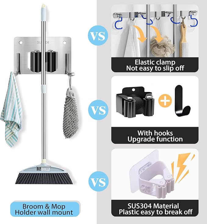 Mop and Broom Holder Wall Mount Stainless Steel 304 Tool Garage Organization Rack Scew and Self Adhesive Broom Hanger Heavy Duty 4pcs