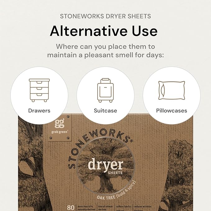 Grab Green Stoneworks Cruelty-Free Dryer Sheets | Softens Fabrics, Freshens Clothing & Reduces Static-Cling and Wrinkles | Plant Based | Oak Tree Scent (80 Sheets)
