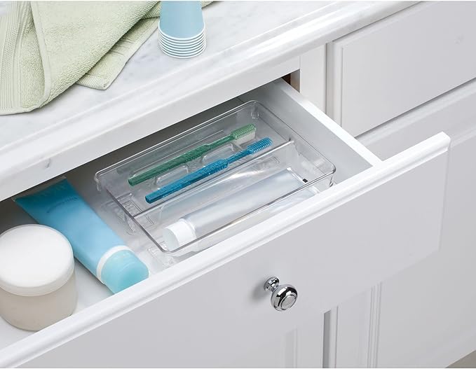 mDesign Plastic Toothbrush Holder, Storage Organizer Bin for Bathroom Vanity, Drawer, Cabinet, Closet - Holds Electric Spin Toothbrush, Toothpaste, Dental Floss Picks, Whitening Strips, 2 Pack - Clear