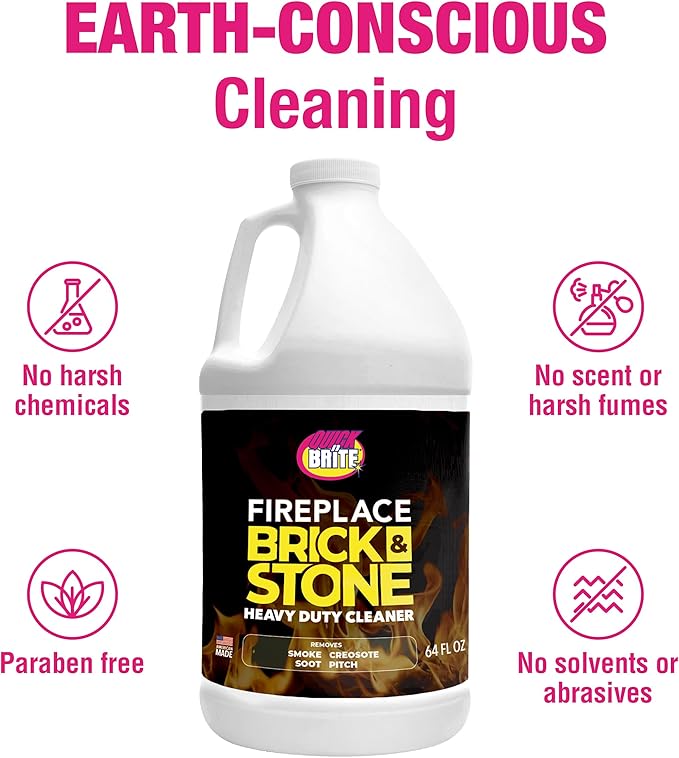 Quick 'n Brite Fireplace Brick and Stone Cleaner 64oz - Natural Stone, Tile, and Marble Cleaner with Scrub Brush - Indoor Fireplace and Wood Stove Cleaning Kit - Pellet Stove Creosote Remover