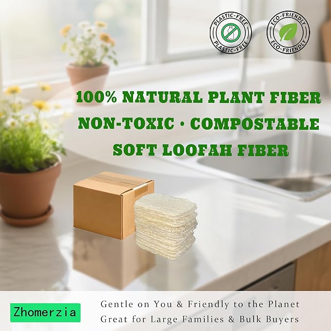 Natural Loofah Dish Sponge - 100% Biodegradable Kitchen Scrubber, Eco-Friendly Loofah Sponges for Dishes, Compostable Plant-Based Cleaning Pads, 30-Pack
