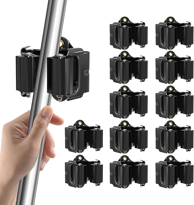 Mop and Broom Holder Big Size Hanging 1KG Extra, 12 Pack, Wall Mount for Organizing Mop Broom in Garden, Laundry Room, Cleaning, Bathroom, Kitchen, Garage (Black)