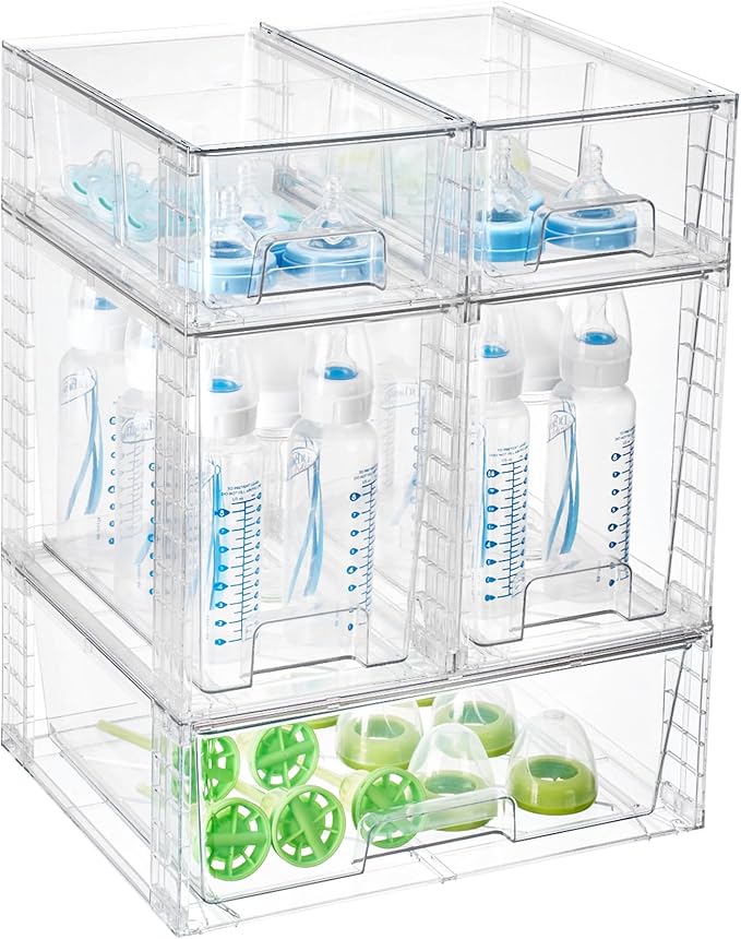 Vtopmart 5 Pack Clear Stackable Storage Drawers,Easy to Assemble Baby Bottle with handles,Plastic Drawers for Kitchen Pantry,Cabinet,Under Sink Organization