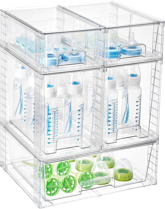 Vtopmart 5 Pack Clear Stackable Storage Drawers,Easy to Assemble Baby Bottle with handles,Plastic Drawers for Kitchen Pantry,Cabinet,Under Sink Organization