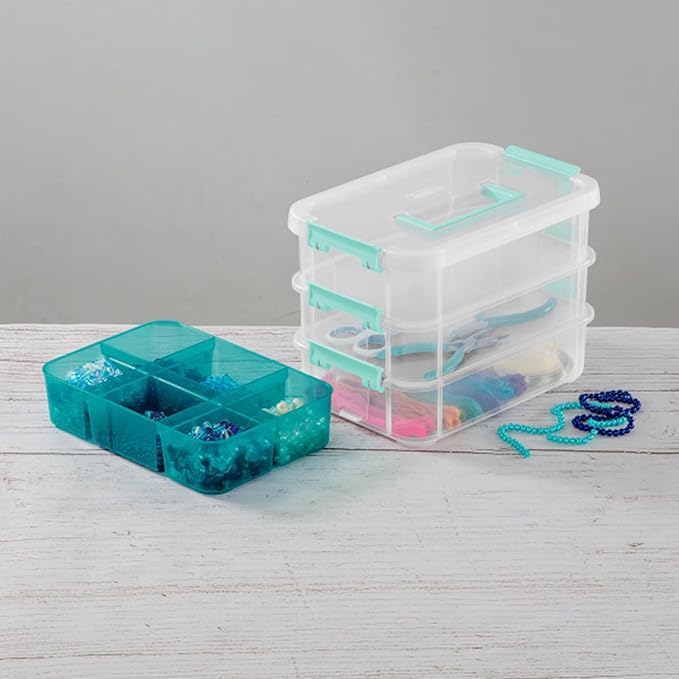 Sterilite 12 Pack Plastic Storage Box Container, 3 Layer, Stack and Carry, Clear/Blue