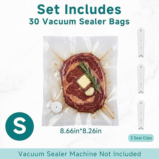 Reusable Vacuum Sealer Bags for Food – 30 BPA-Free Small (8.66in × 8.26in) Food Storage Bags, Freezer Microwave Safe, Odor-Resistant, Leak-Proof – Compatible with Handheld Vacuum Sealers | BPA Free Material