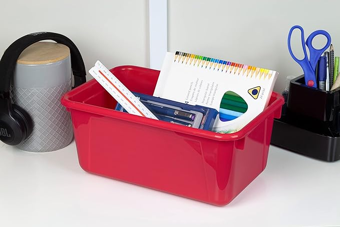 Storex Small Cubby Bins – Plastic Storage Containers for Classroom with Non-Snap Lid, 12.2 x 7.8 x 5.1 inches, Red, (62407U05C) (Pack of 5)