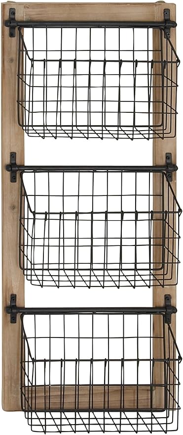 Deco 79 Metal 3 Slot Magazine Rack Holder with Wood Frame and Suspended Wire Baskets, 14" x 5" x 34", Black