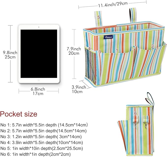 Surblue Bedside Caddy Hanging Bed Organizer Storage Bag Pocket for Bunk and Hospital Beds, College Dorm Rooms Baby Bed Rails,Wheelchair Side Bag,Camp Chiars,4 Pockets and 2 Hooks (Small GreenStripe)