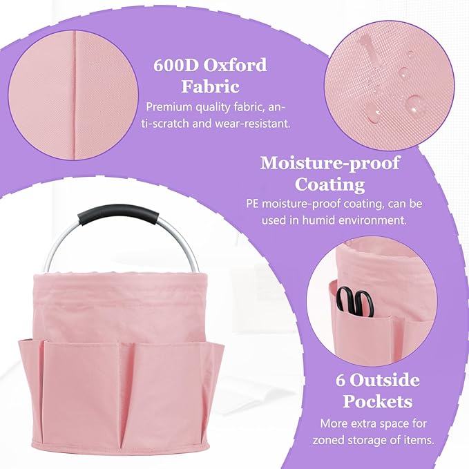17L Portable Shower Caddy with 6 Side Pockets, Foldable Cleaning Supply Caddy with Handle, Garden Tool Bag in 600D Oxford Fabric, Multifunctional Storage Basket for Showers, Picnics, Pink