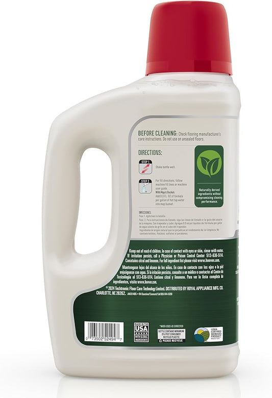 Hoover 64 oz Pure Essentials Hard Floor Cleaner Solution, for Sealed Hard Floors, Botanical Citrus Scent, Full Strength Cleaning Made From Plants, AH31465