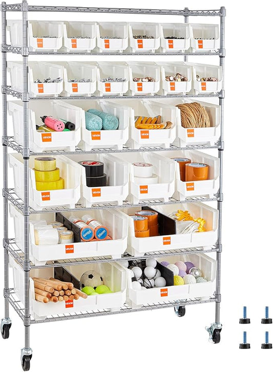 VEVOR 7-Tier Rolling Bin Storage Rack, 24 Organizer Bins, Bin Rack Storage Steel Wire Shelving System with Wheels, Mobile Tool Organizer for Garage, Warehouse, Office, Restaurant, Classroom, Kitchen