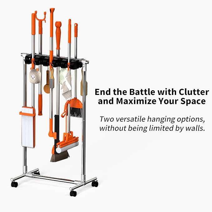 No-Drill Broom Holder Laundry Room Organization, Movable Cleaning Supplies Organizer, Cleaning Cart with 10 Racks and 12 Hooks, Broom and Mop Holder for Kitchen Laundry Garden Garage