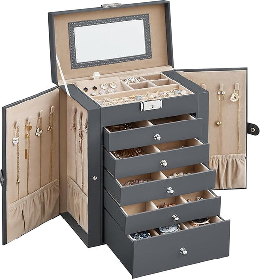 SONGMICS 6-Layer Jewelry Box Organizer with 5 Drawers, Jewelry Storage Case with Lock and Mirror, Large Storage Capacity, Gift for Loved Ones, for Necklaces, Watches, Gray UJBC152G01