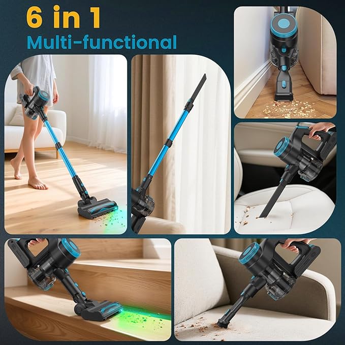 Zefiro 350W Cordless Vacuum Cleaner,45Mins Runtime Vacuum Cleaners for Home, Anti-Tangle and 1.5L Dust Cup, Lightweight Vacuum for Hardwood Floor Carpet Pet Hair (Blue)