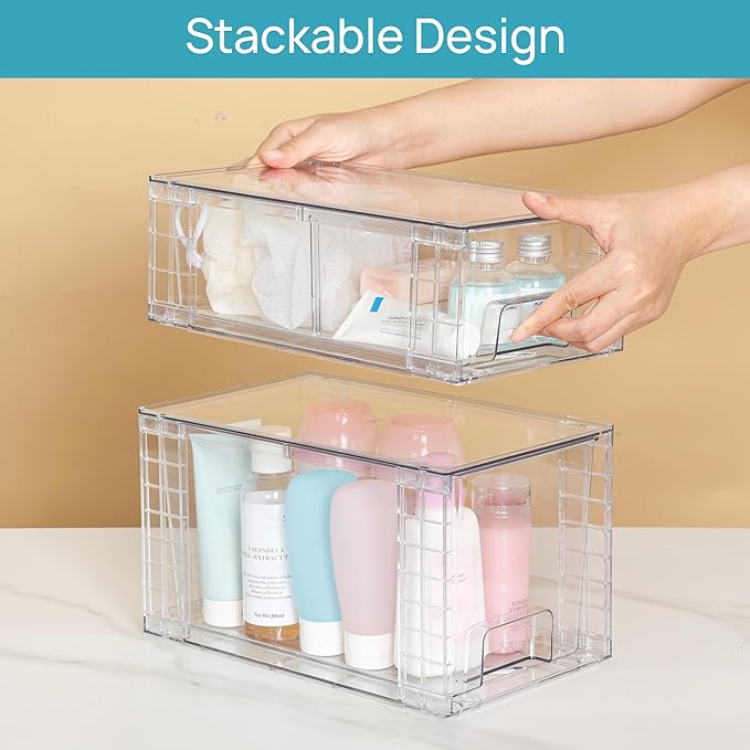 Vtopmart 4 Pack Clear Stackable Storage Drawers,Under Sink and Kitchen Organizers Storage,Easy to Assemble Plastic Drawers for Baby Bottle,Medicine, Bathroom,Cabinet and Pantry Organization